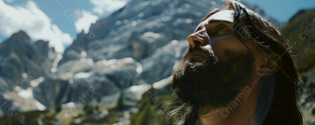 Homem barbudo contemplando montanhas