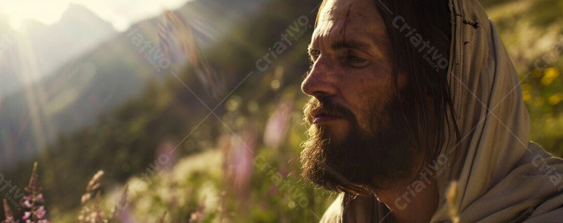 Homem barbado contemplativo em paisagem montanhosa