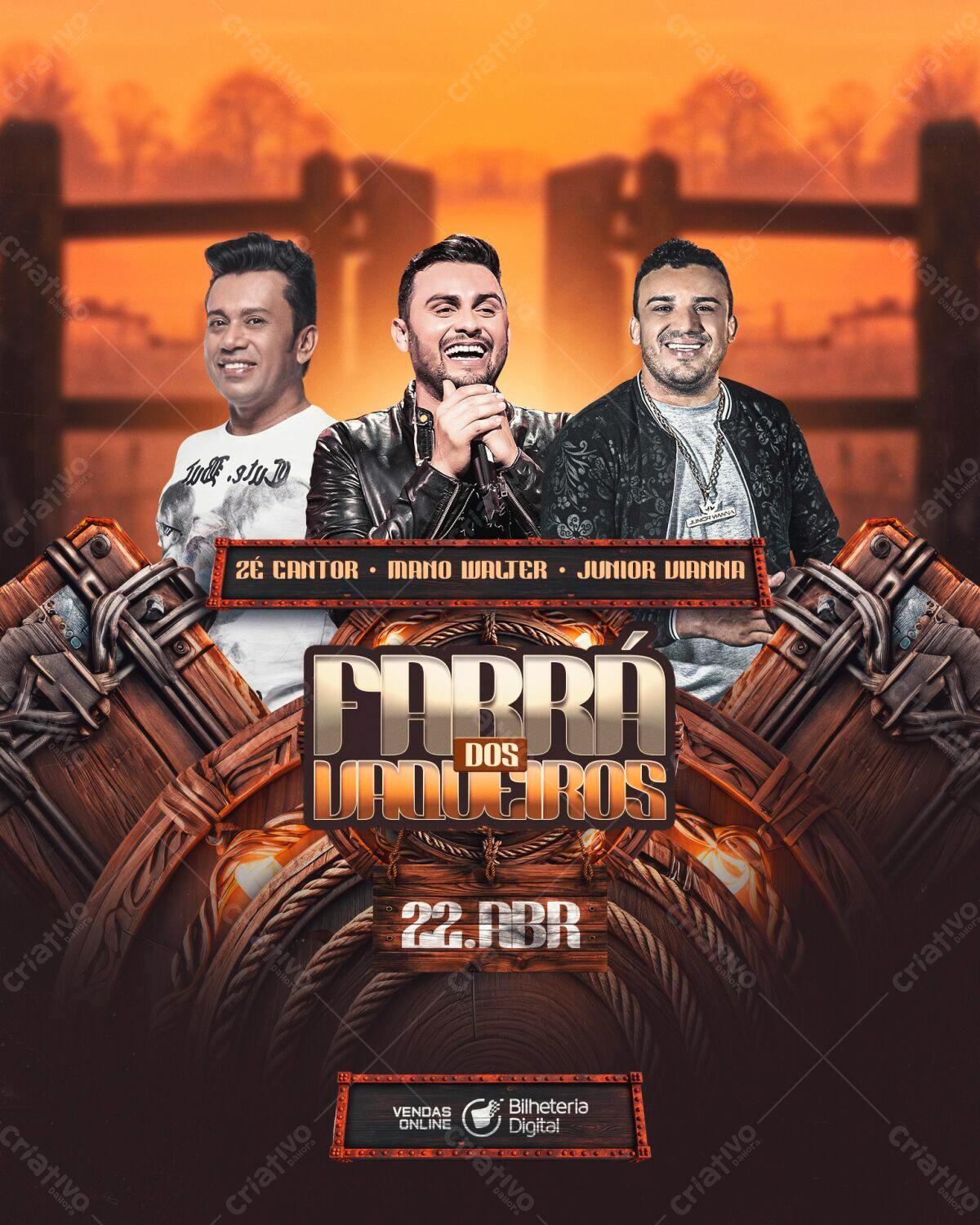 Flyer Farra dos Vaqueiros com Zé Cantor, Mano Walter e Junior Vianna PSD Editável