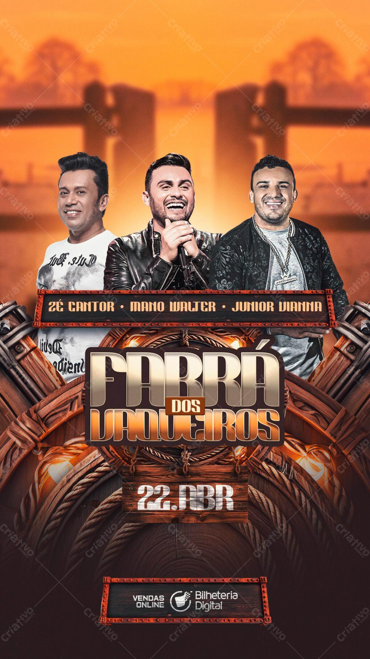 Flyer Festa Sertaneja com Zé Cantor, Mano Walter e Junior Vianna PSD Editável