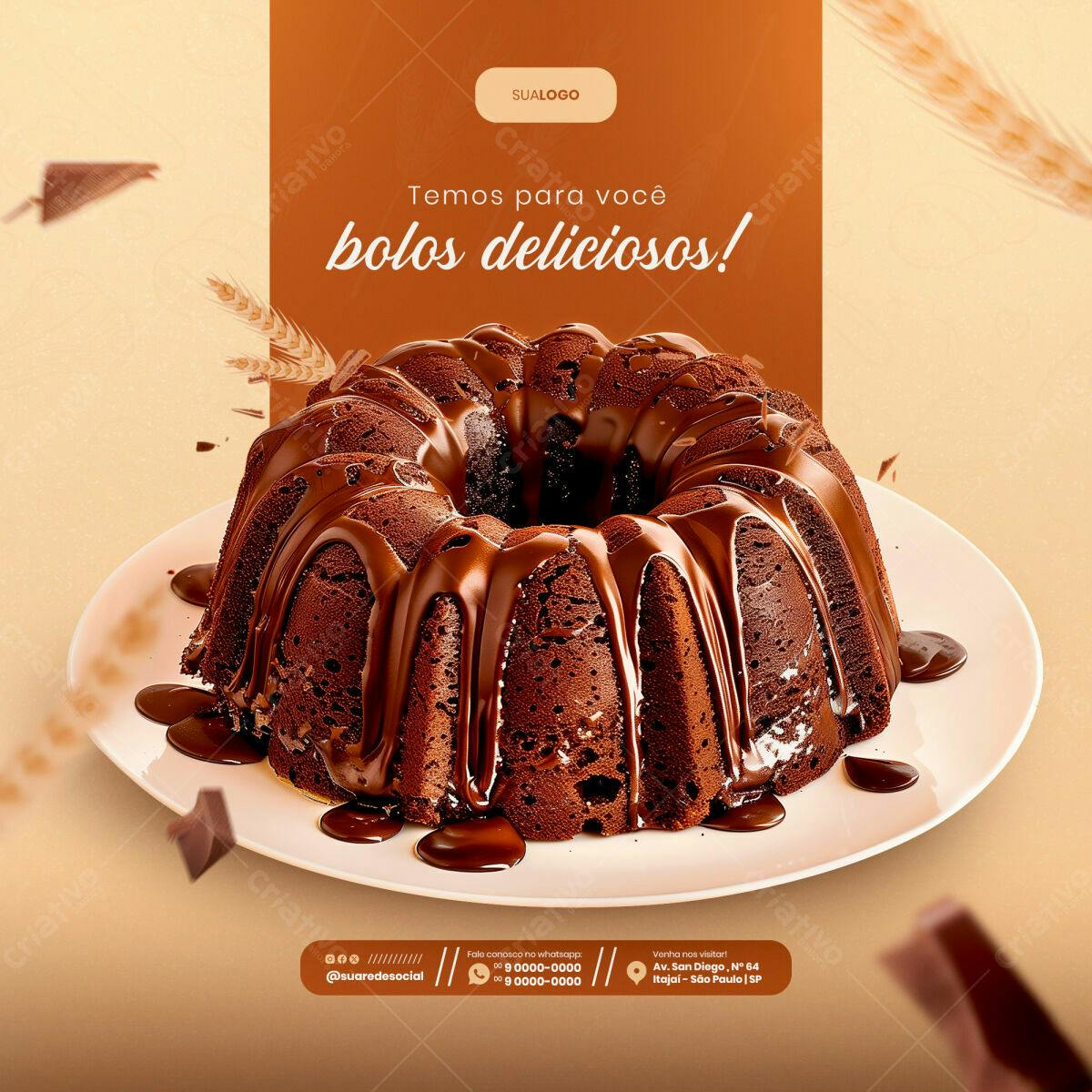 Post para Padaria com Bolo de Chocolate PSD Editável