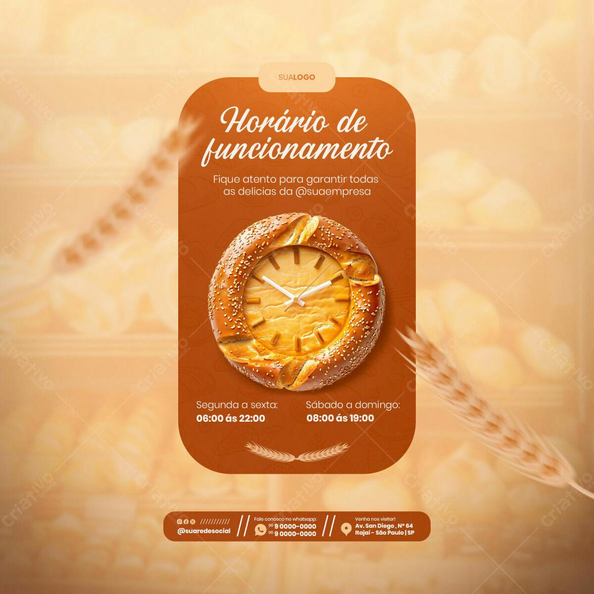 Flyer Horário de Funcionamento Padaria PSD Editável