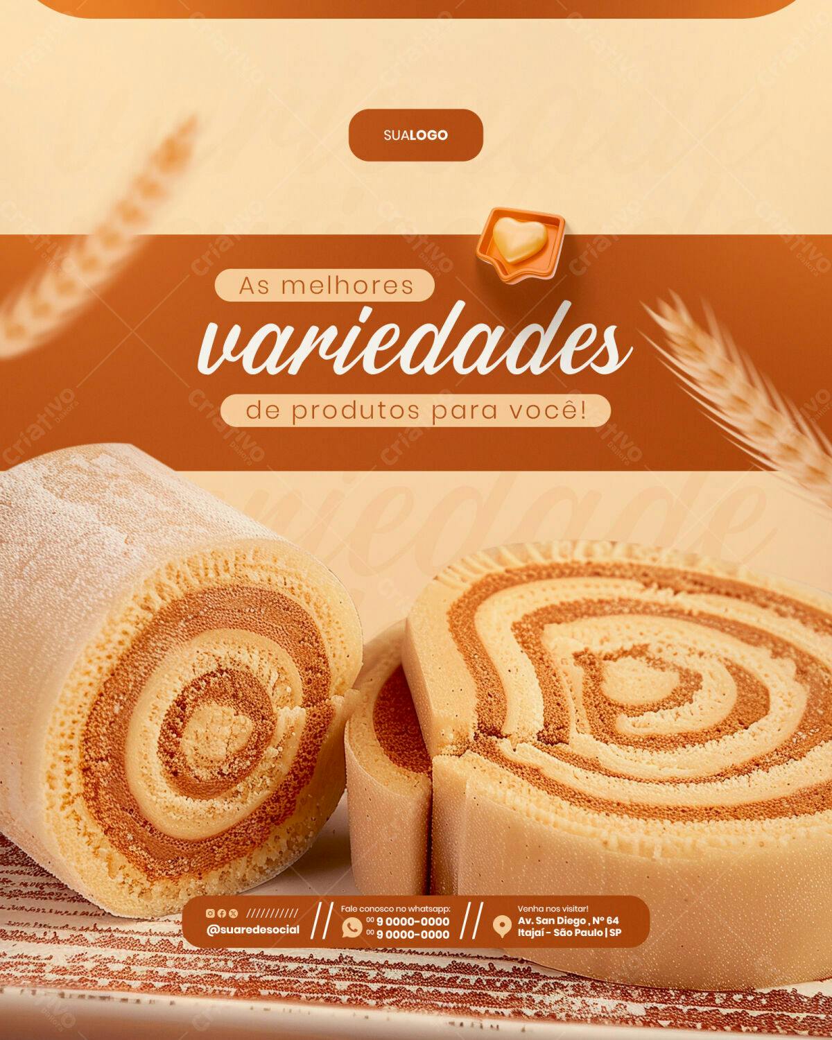 Post para Padaria com Bolo Rocambole PSD Editável