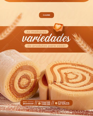 Variedades de produtos panificadora social media feed vertical