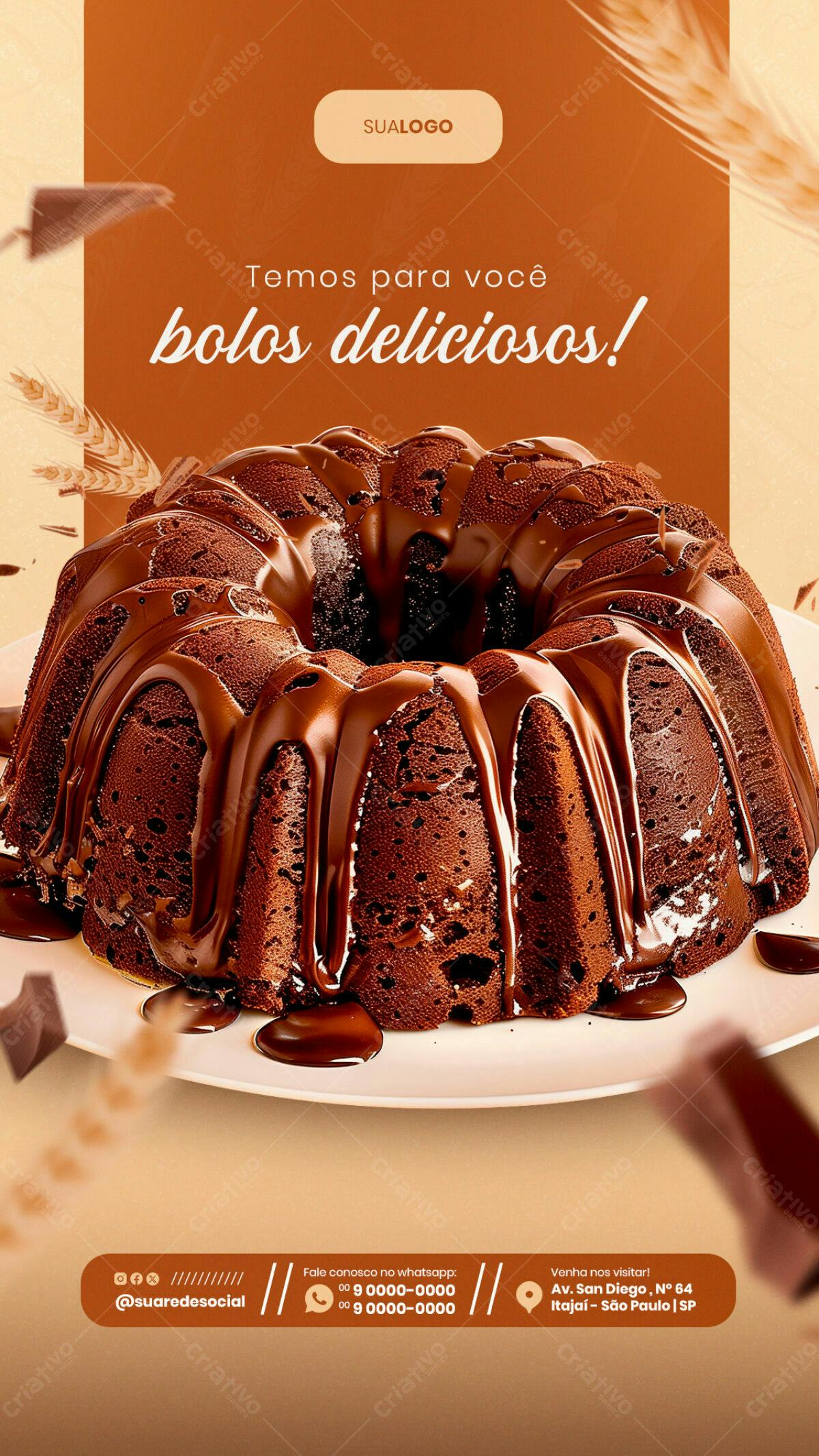 Flyer para Padaria com Bolo de Chocolate PSD Editável