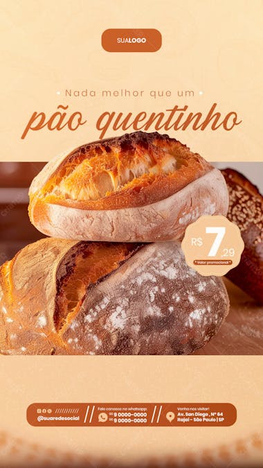 Pão quentinho artesanal panificadora social media story