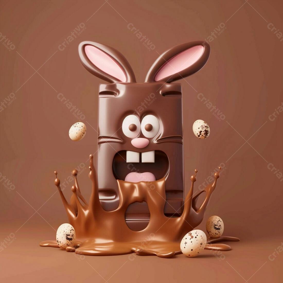Coelho de chocolate derretido com ovos de Páscoa