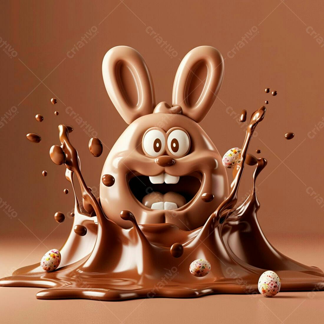 Coelho de chocolate em splash de chocolate