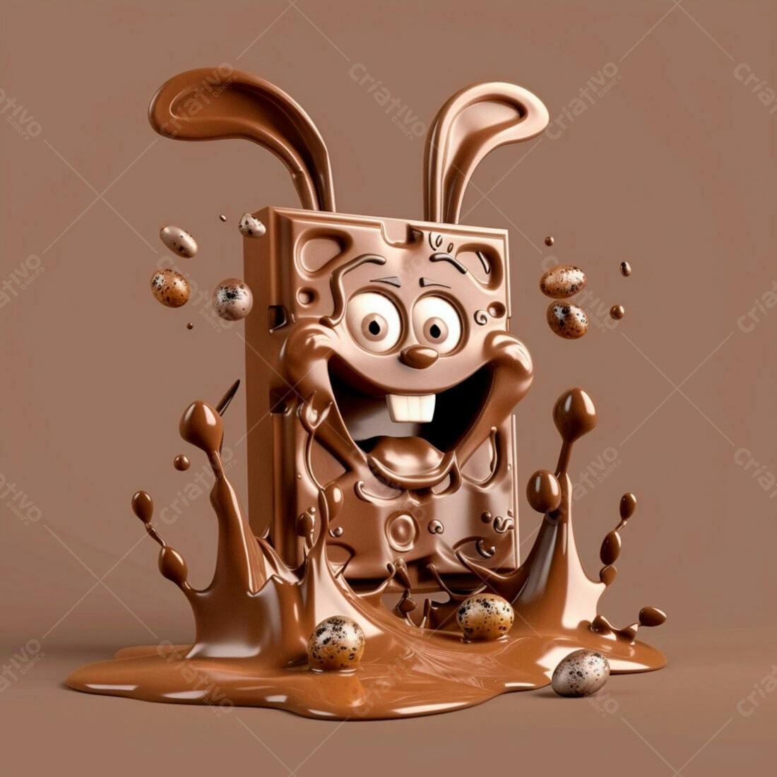 Coelho de chocolate derretido com ovos de Páscoa