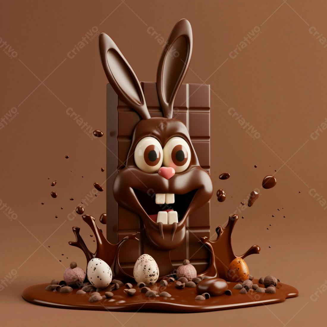 Coelho de chocolate em barra com ovos de páscoa