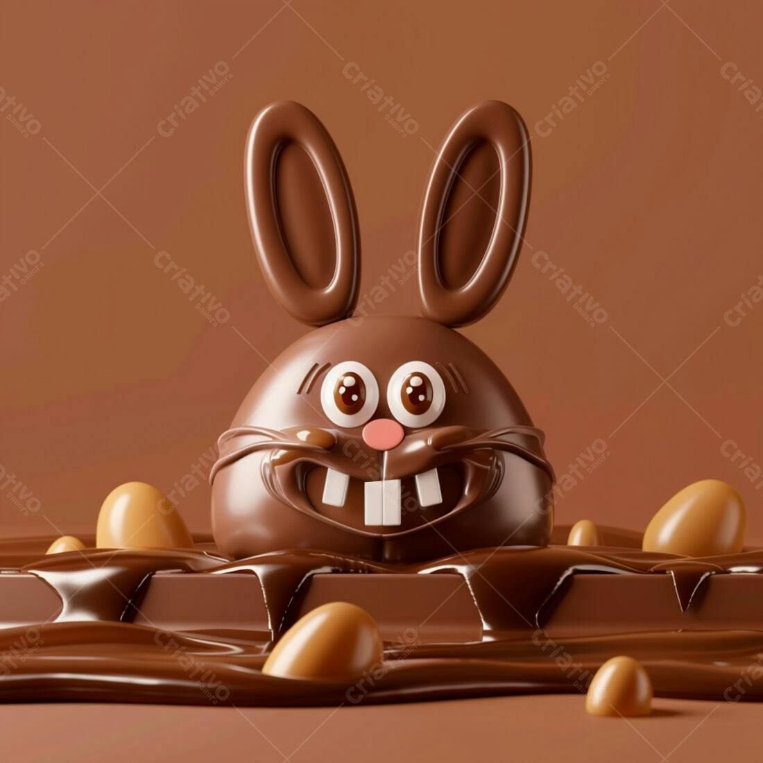 Coelho de chocolate em barra de chocolate com ovos