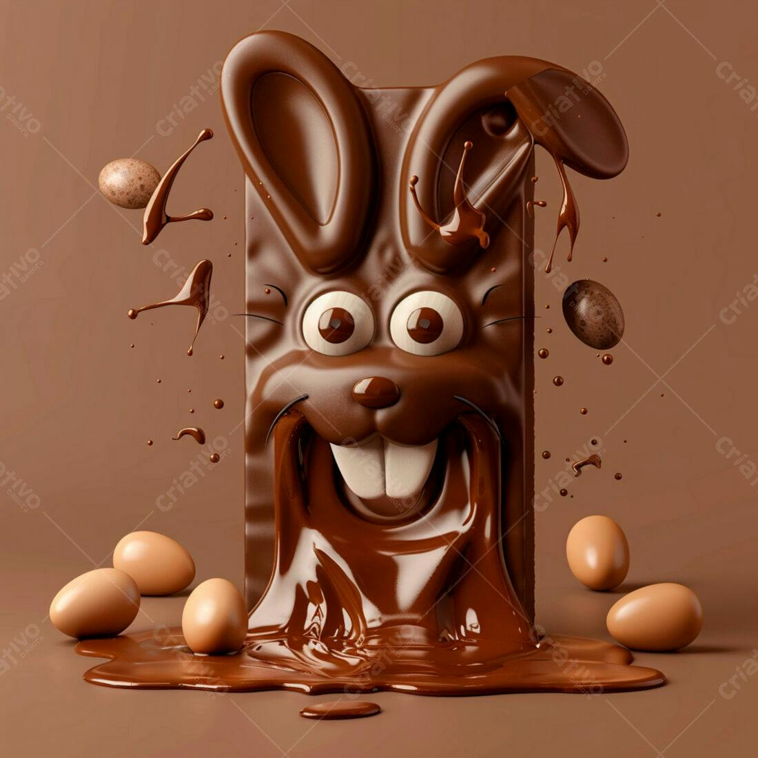 Coelho de chocolate derretido com ovos de Páscoa