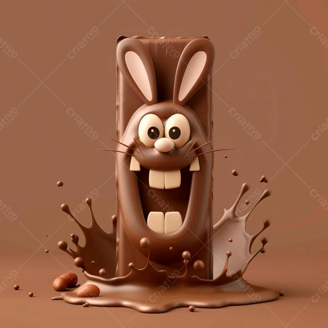 Coelho de chocolate caindo em chocolate
