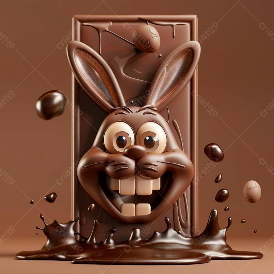 Coelho de chocolate sorrindo em barra derretida