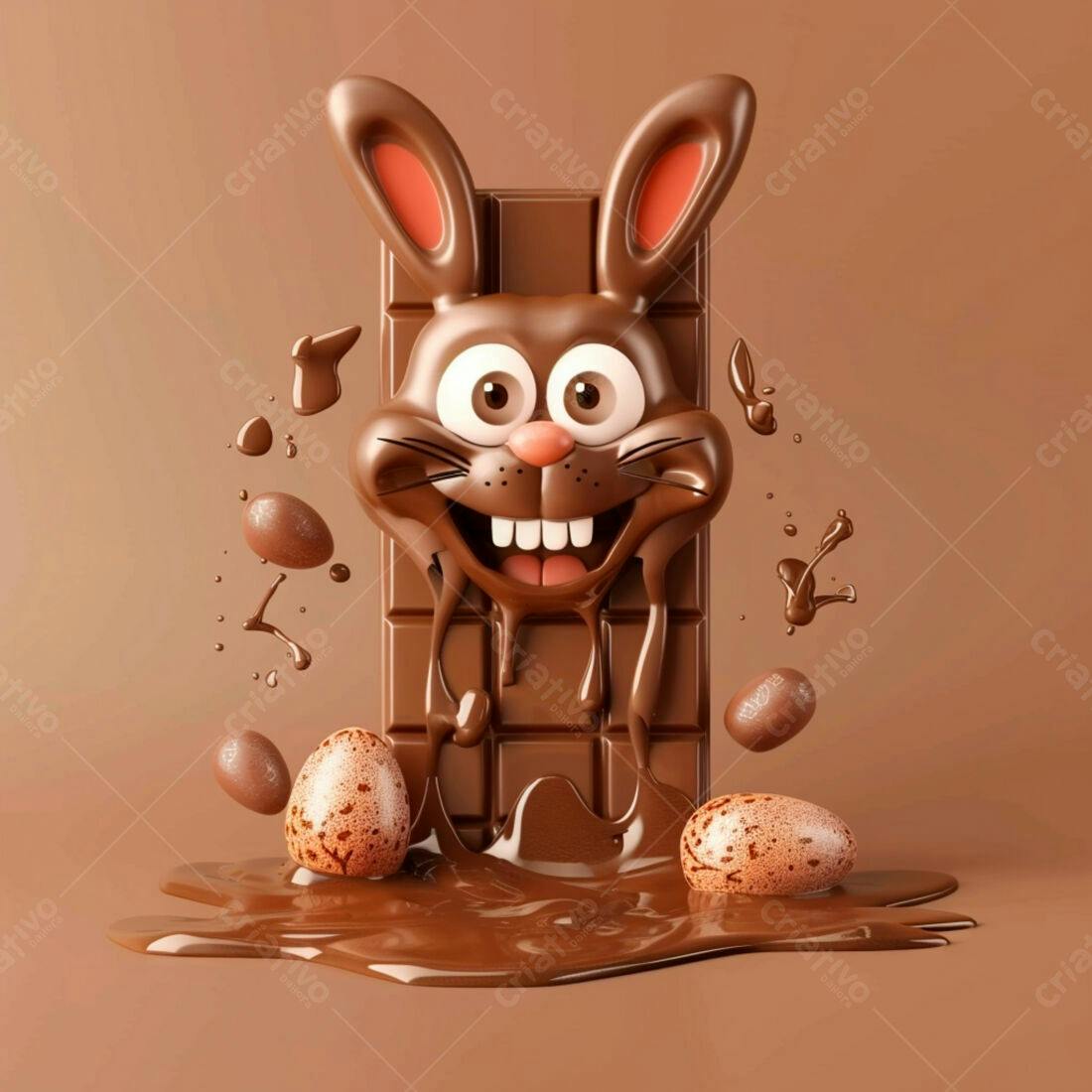 Coelho de chocolate derretido com ovos de Páscoa