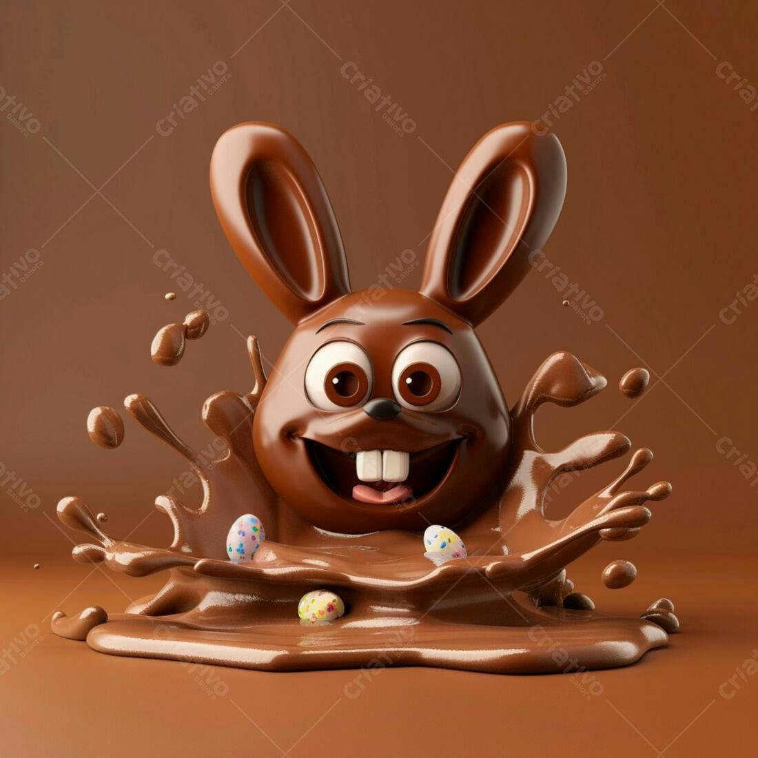 Coelho de chocolate em salpicadura de chocolate