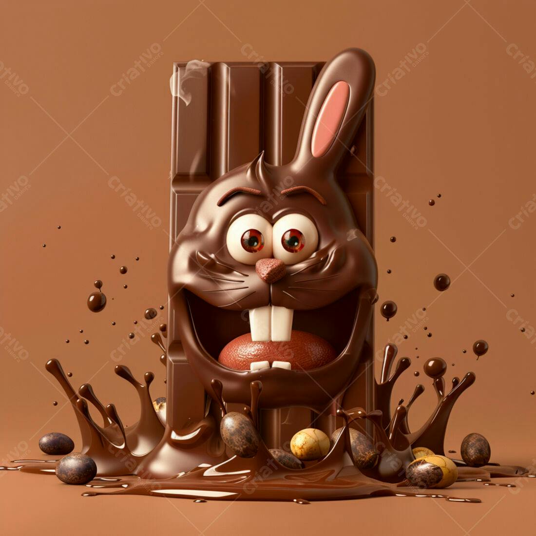 Coelho de chocolate sorrindo em barra de chocolate derretida