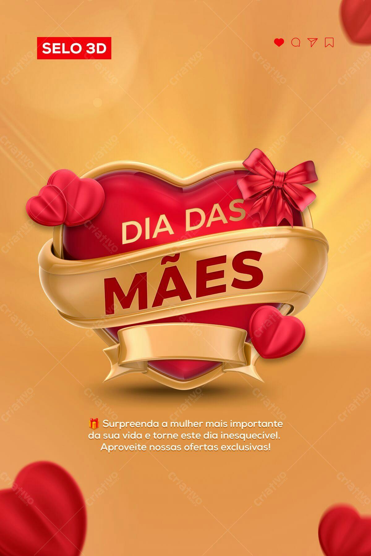 Selo 3D Dia das Mães dourado e vermelho