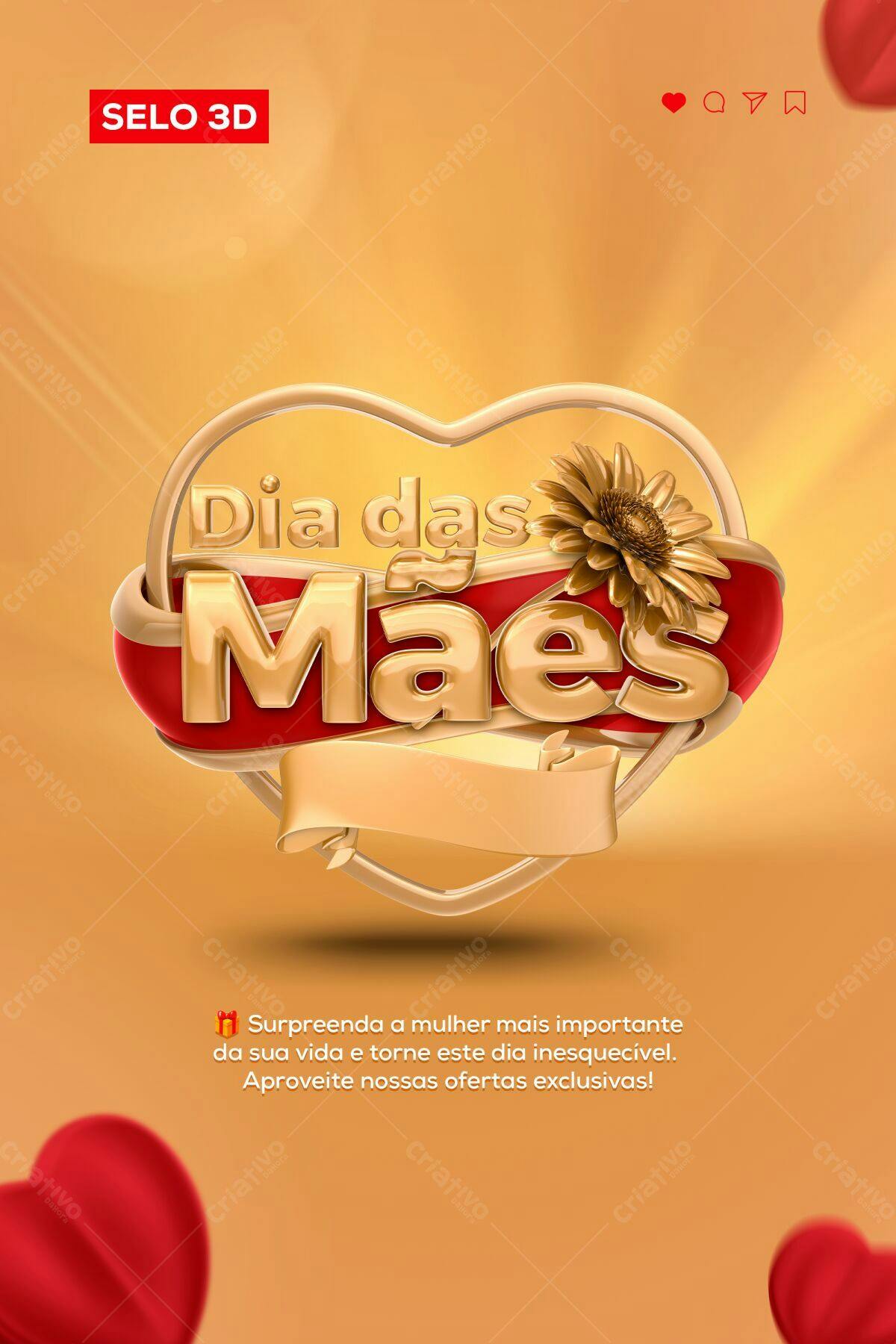 Selo 3D Dia das Mães dourado e vermelho