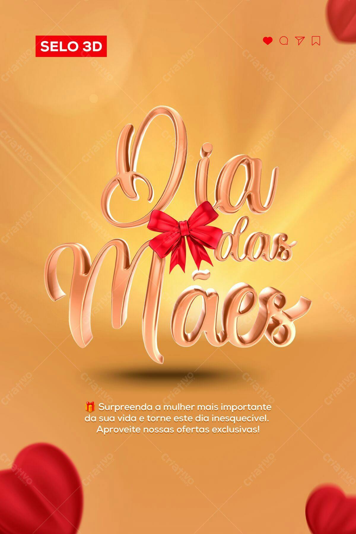 Selo 3D Dia das Mães dourado metalizado