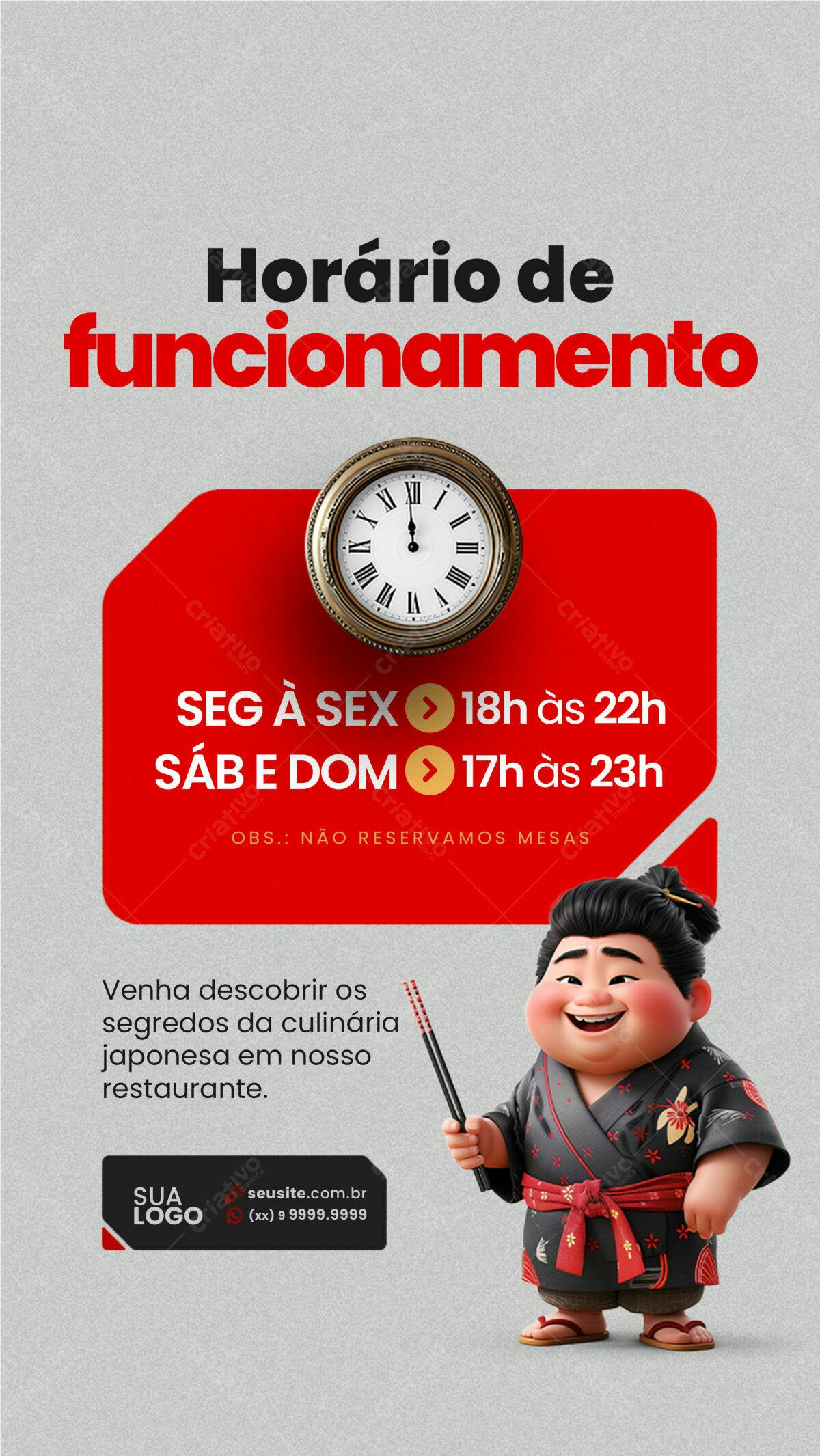Flyer Horário de Funcionamento Restaurante Japonês PSD Editável