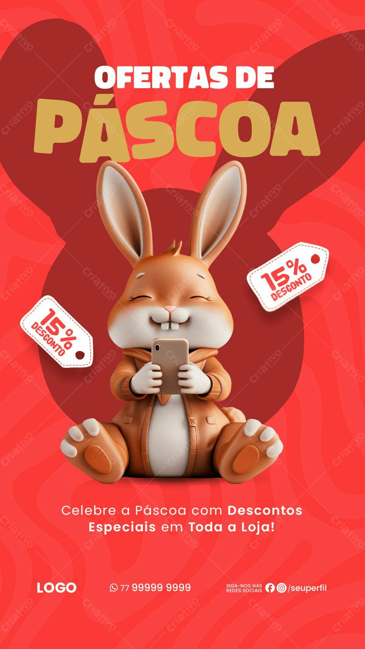Flyer Páscoa com Coelho 3D PSD Editável