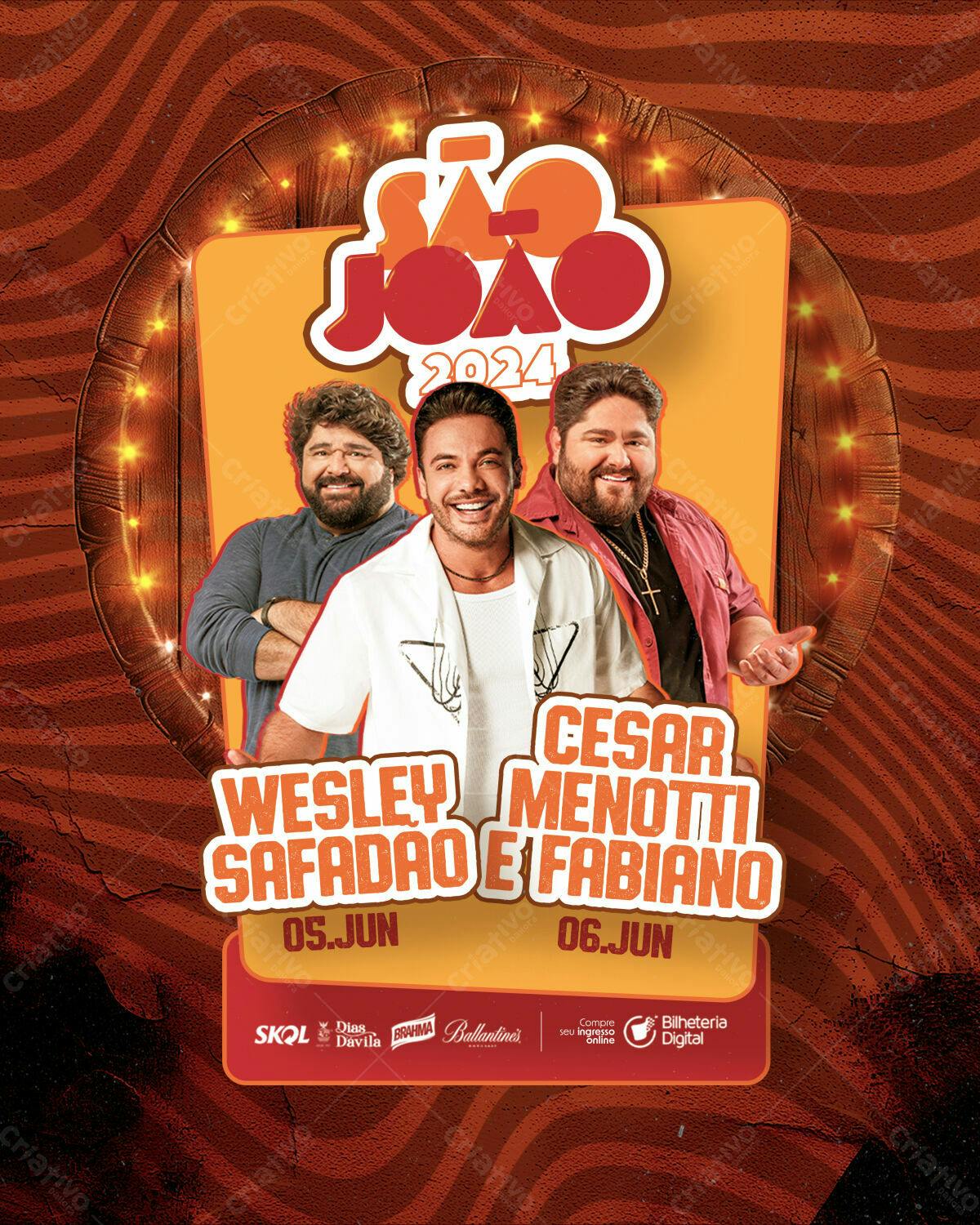 Flyer São João 2024 com Wesley Safadão, César Menotti & Fabiano PSD Editável