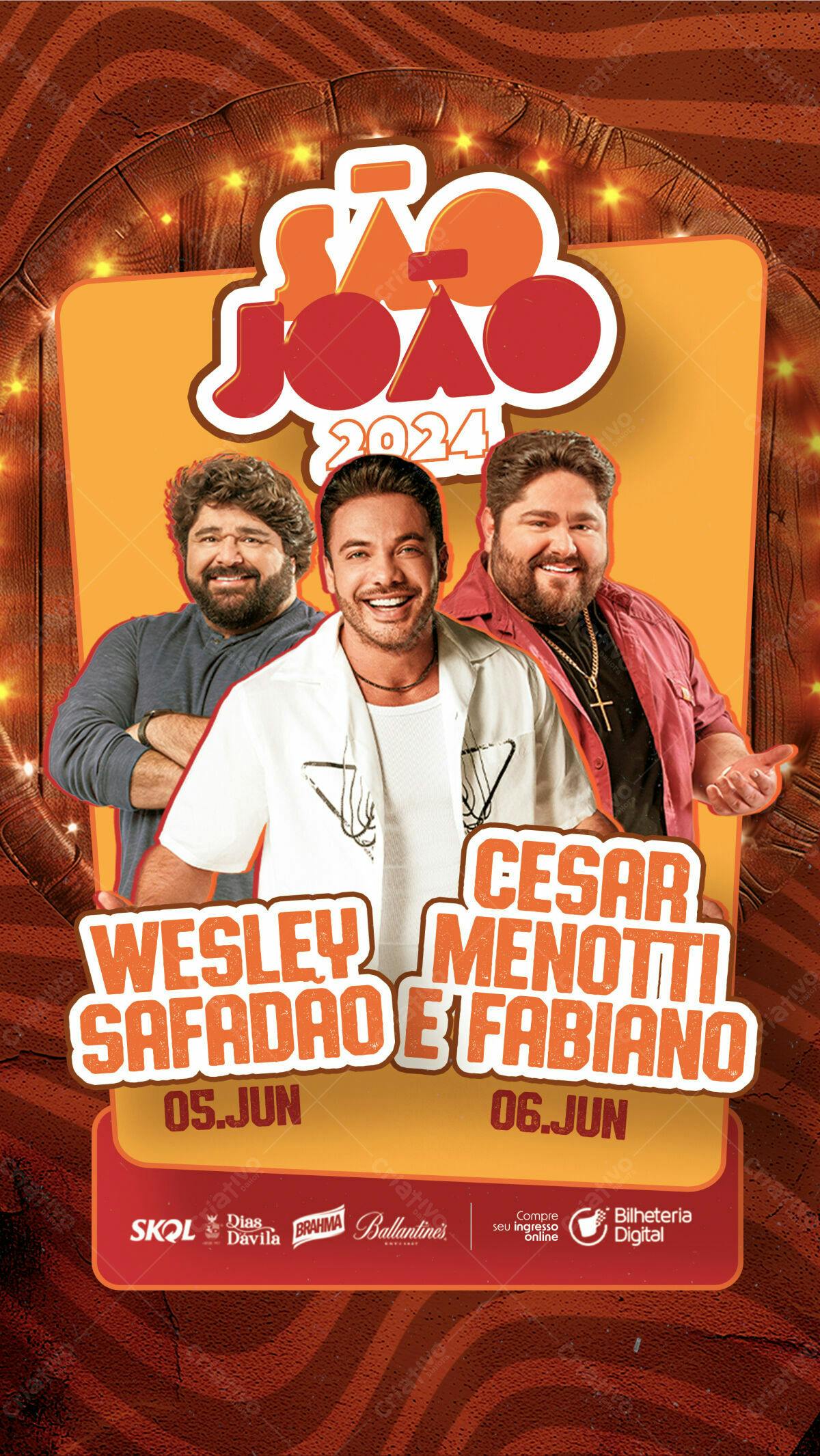 Flyer São João 2024 com Wesley Safadão, Cesar Menotti & Fabiano PSD Editável