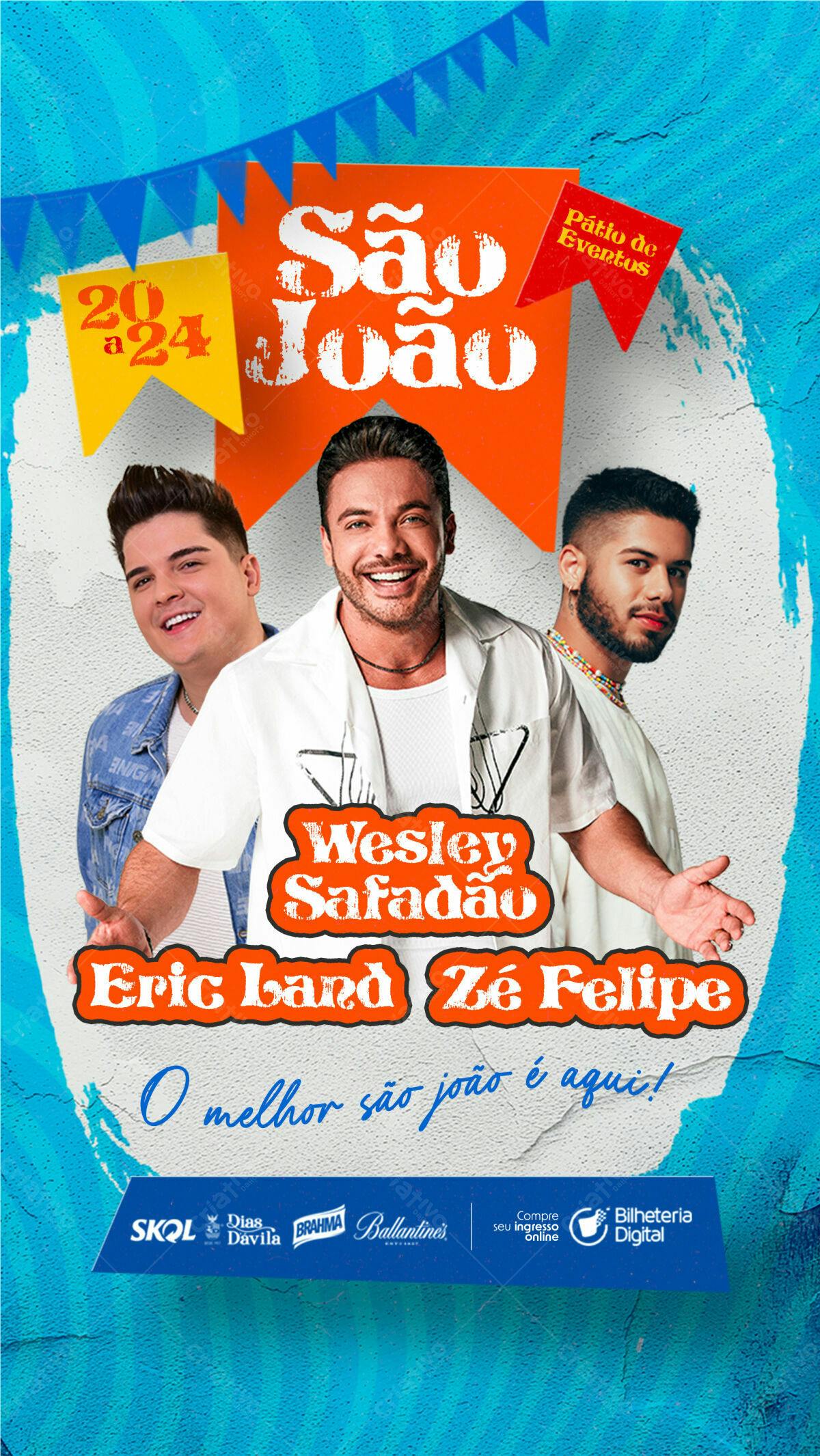 Flyer Festa Junina com Wesley Safadão, Eric Land e Zé Felipe PSD Editável