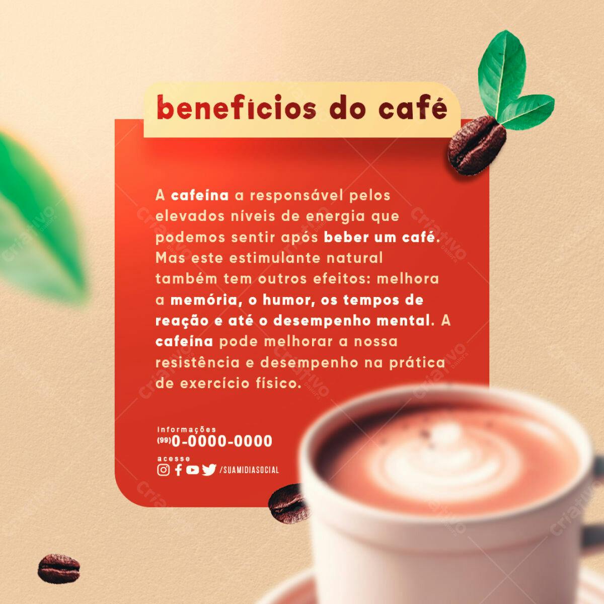 Post para Redes Sociais Benefícios do Café PSD Editável