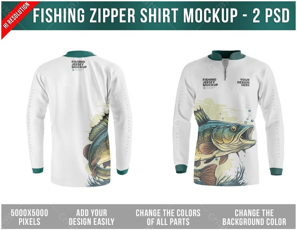 Camiseta De Pesca Com Zipper Mockup - 2 Arquivos