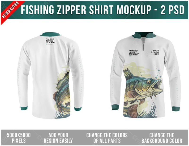 Camiseta de pesca com zipper mockup 2 arquivos