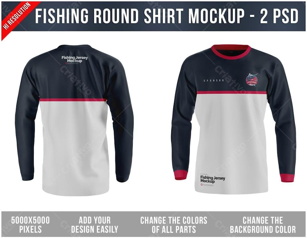 Camiseta De Pesca Tipo Gola Redonda Mockup - 2 Arquivos 