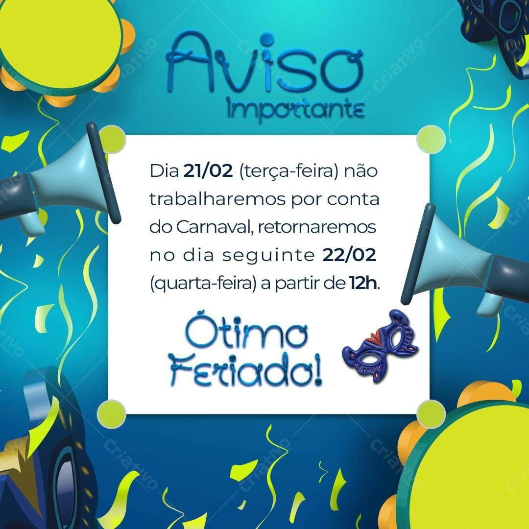 Aviso de Feriado Carnaval PSD Editável