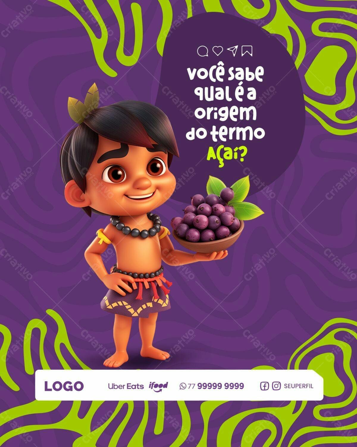 Flyer Açaí: Menino Indígena PSD Editável