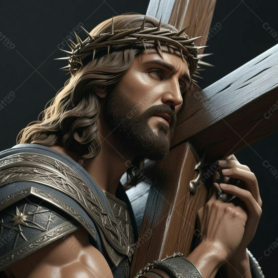 Jesus Cristo carregando a cruz marrom