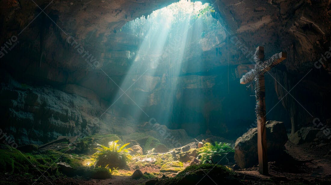 Cruz em Gruta com Raios de Luz