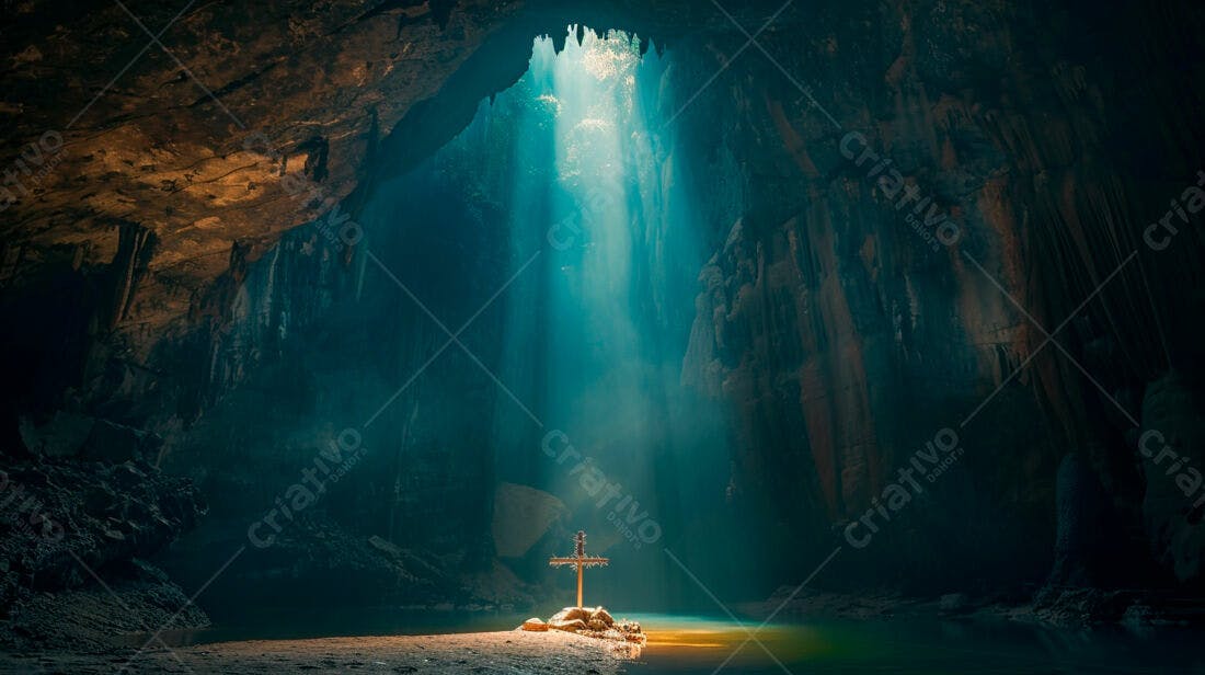 Cruz em caverna escura iluminada