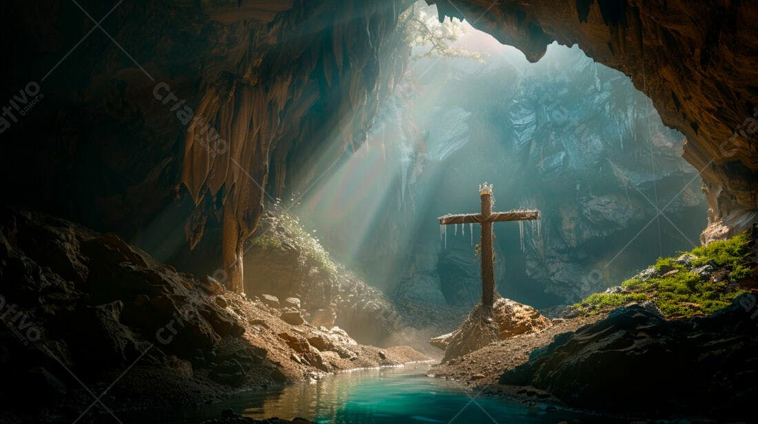 Cruz de madeira em gruta iluminada