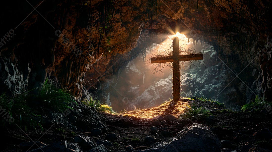 Cruz de madeira em caverna iluminada