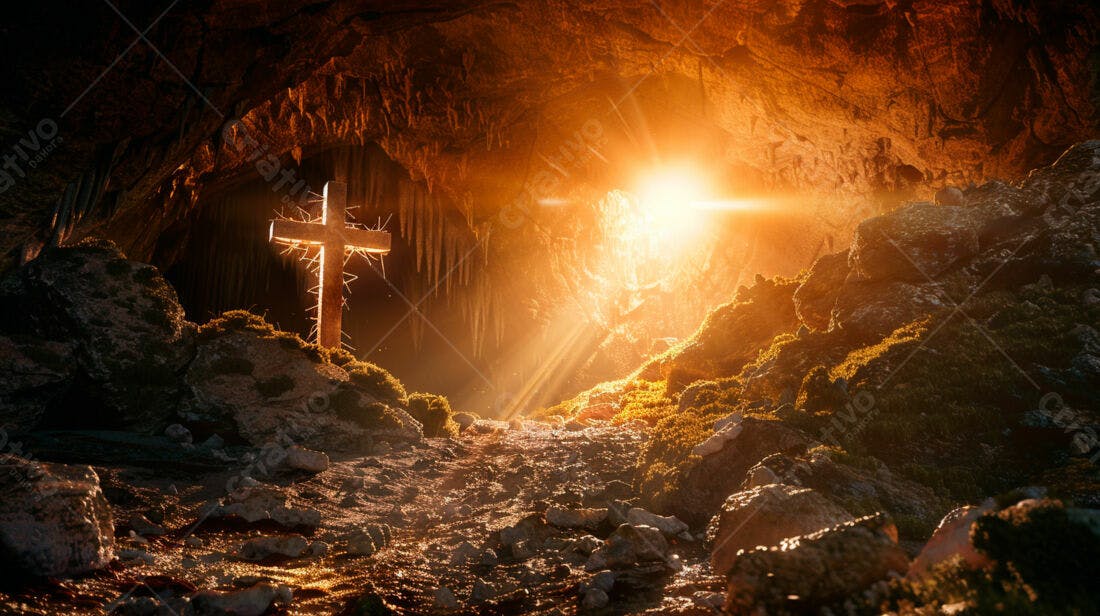 Cruz em caverna iluminada pelo sol