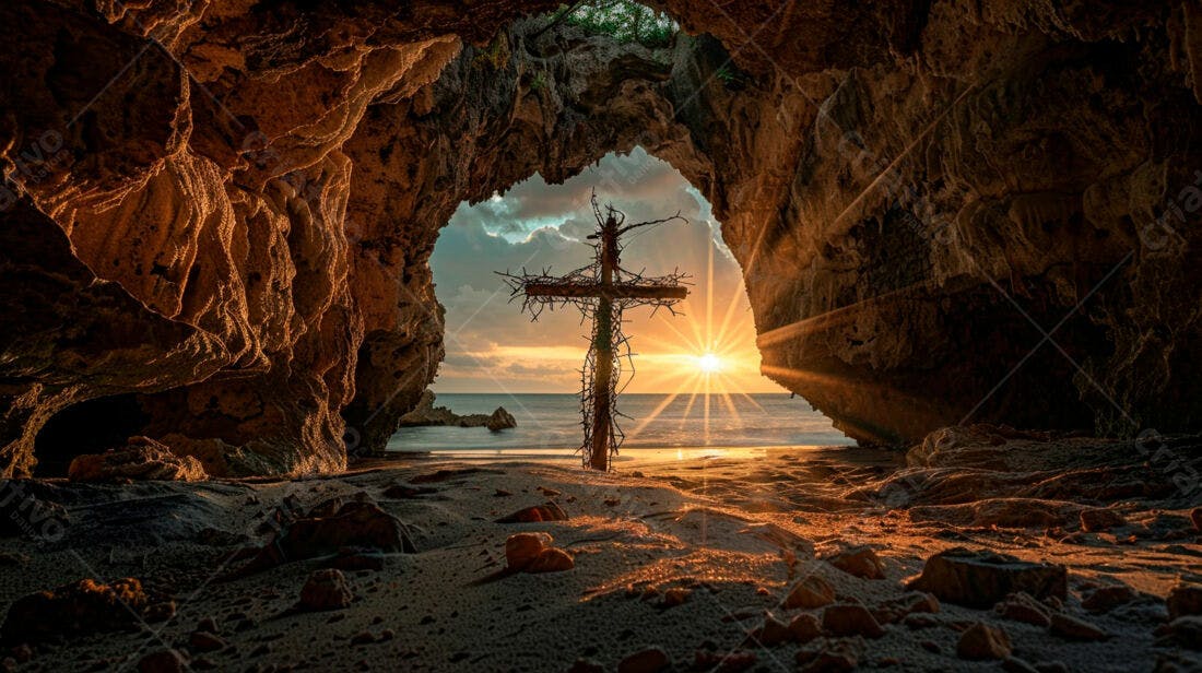 Cruz na praia ao pôr do sol