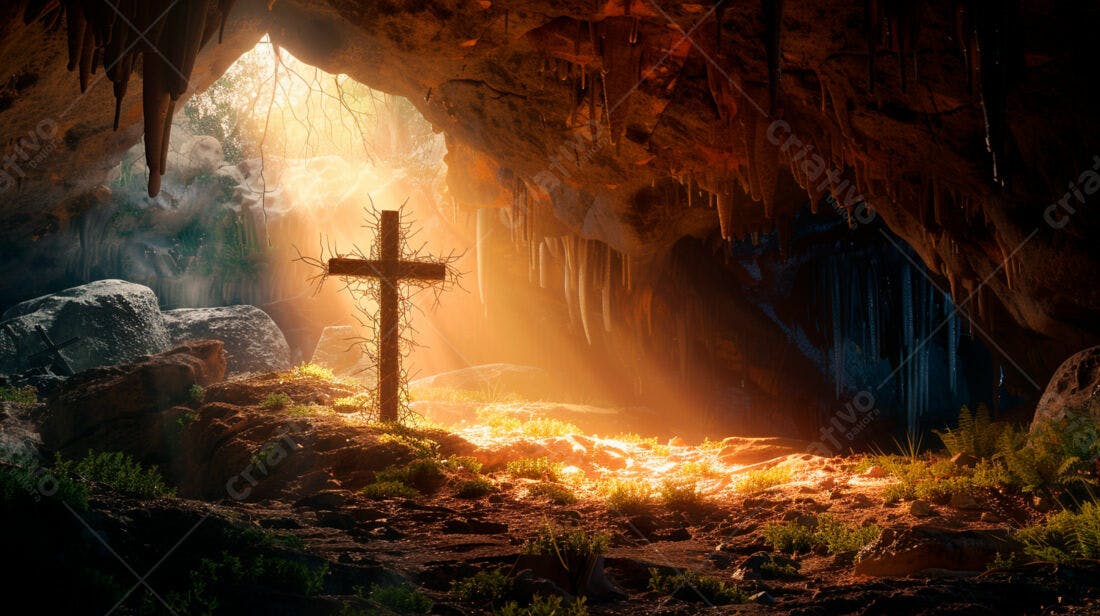 Cruz de madeira em gruta iluminada