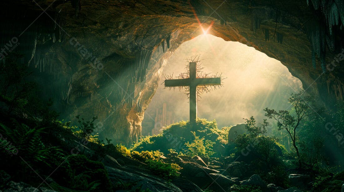 Cruz de espinhos em gruta iluminada