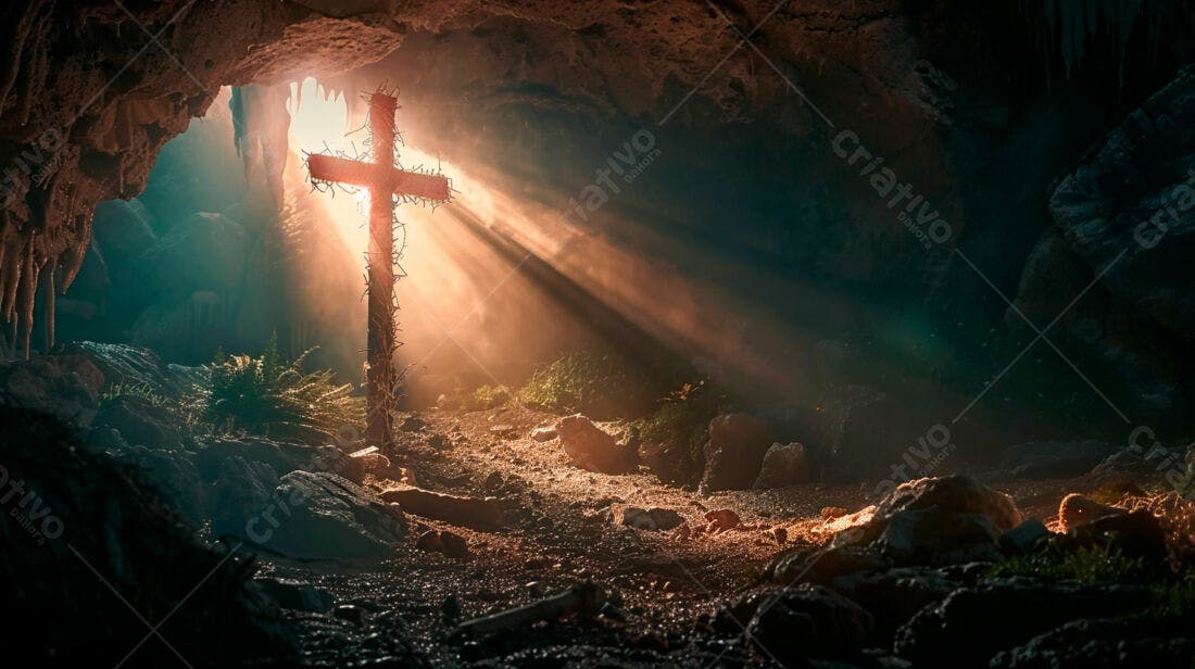 Cruz em caverna iluminada por raios de sol