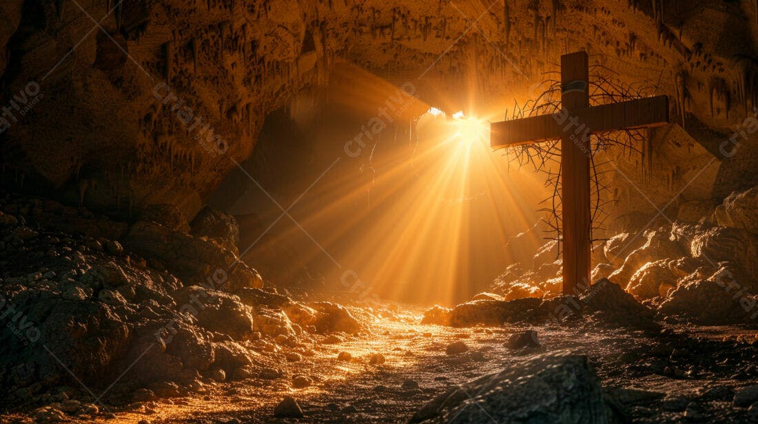 Cruz na Caverna com Raios de Luz