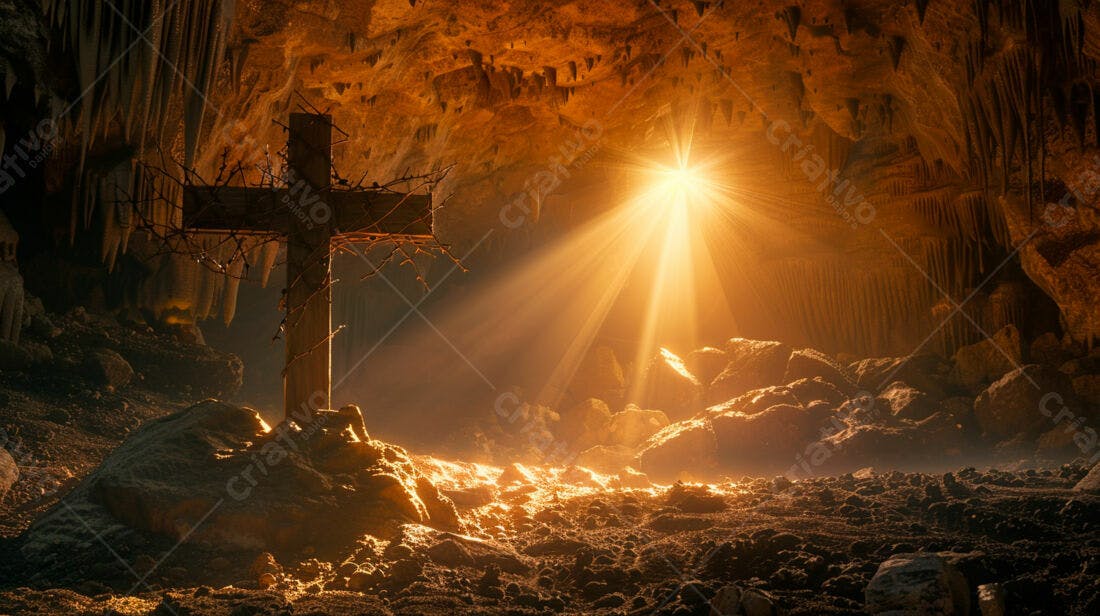 Cruz de madeira em caverna iluminada