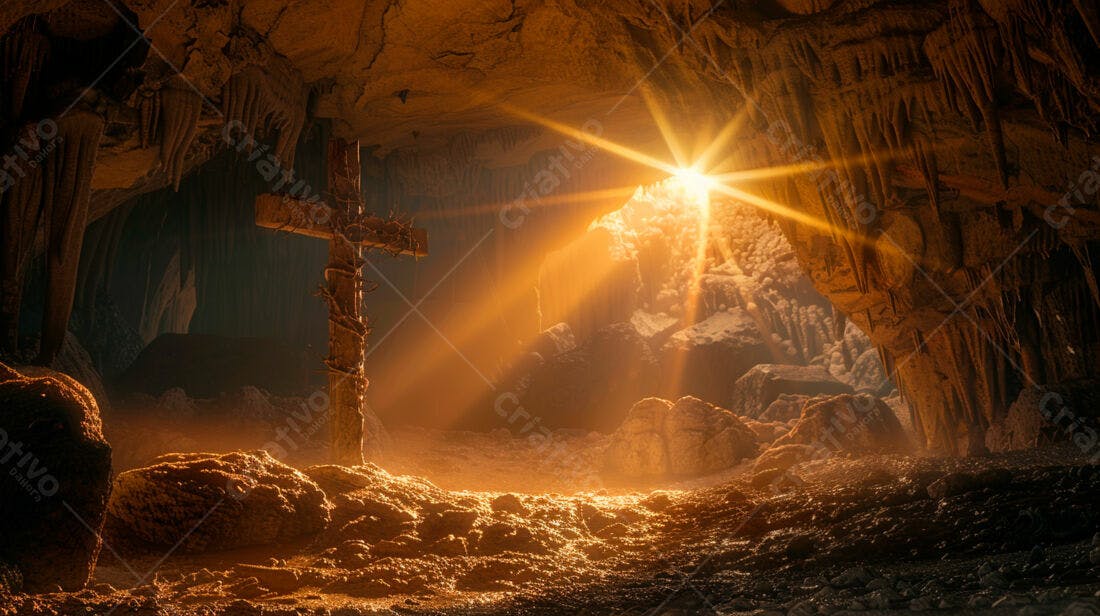 Cruz em caverna iluminada pelo sol