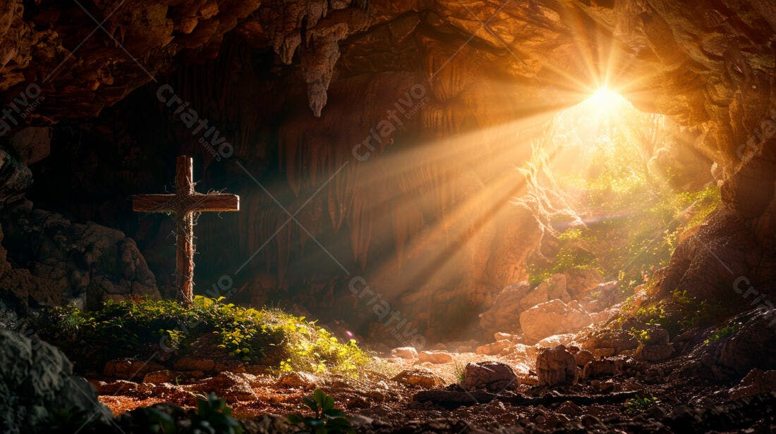 Cruz de madeira em caverna iluminada