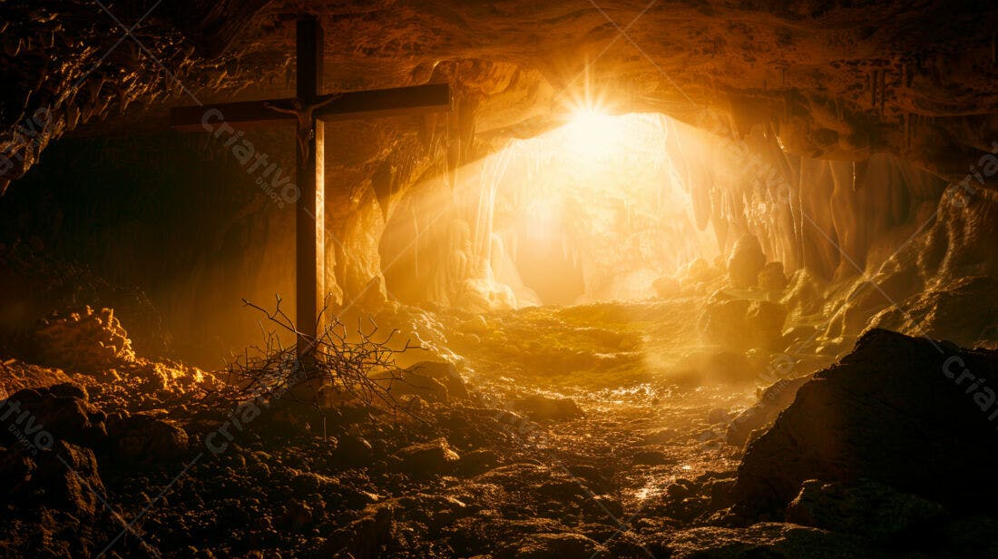 Cruz em caverna iluminada por luz dourada